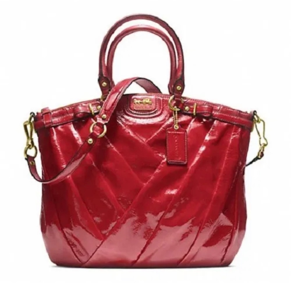 Coach Ruby Red Madison Diagonal Pleated Patent Leather Lindsey Bag F21299